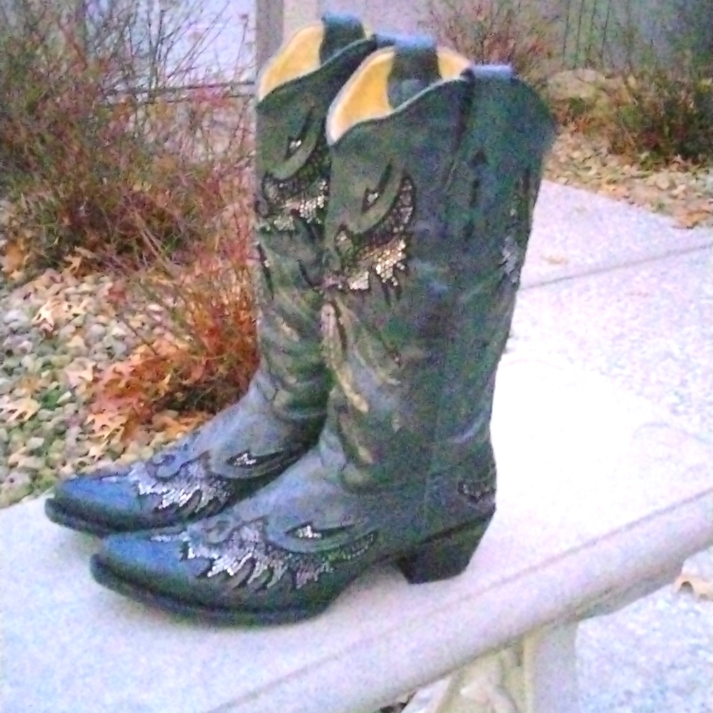 Corral Eagle Rhinestone and Stud Cut-Out leather Black/ Silver Cowgirl size 9.5